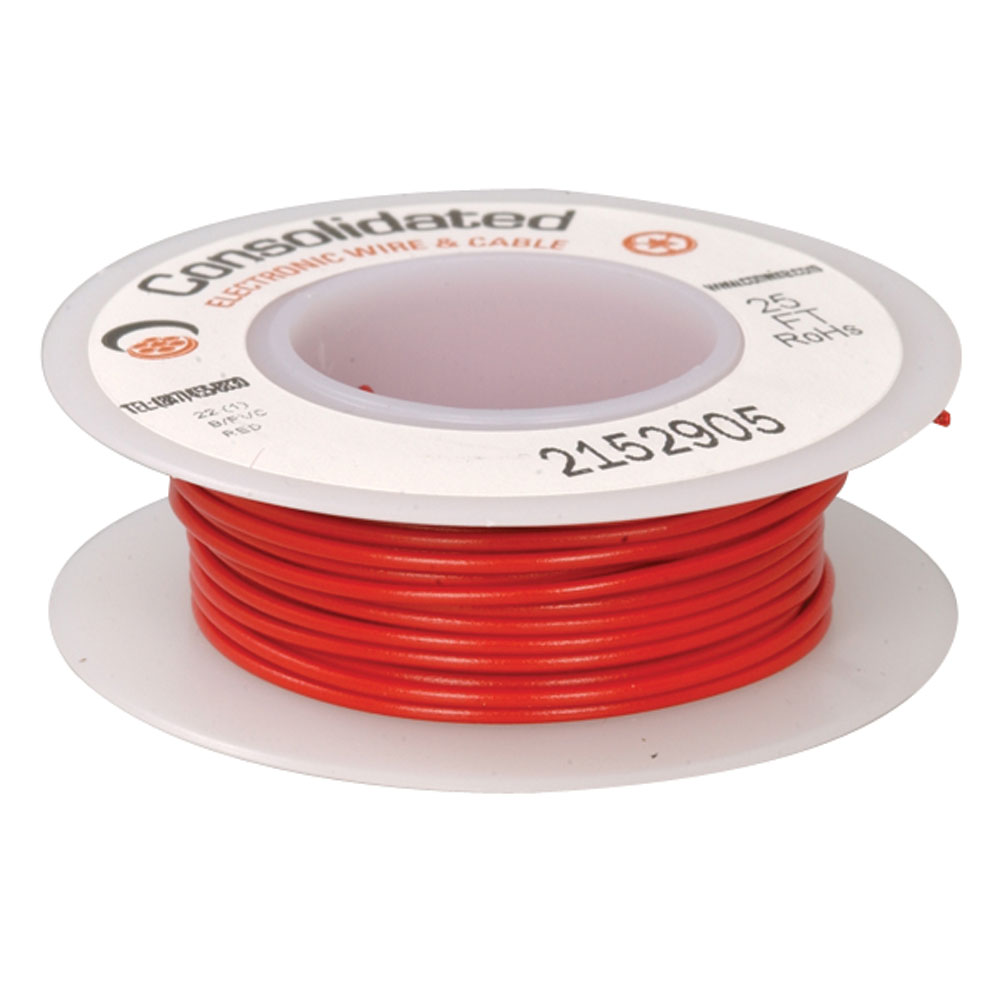 22 AWG Red Solid Tinned-Copper Hook-Up Wire 25 Feet