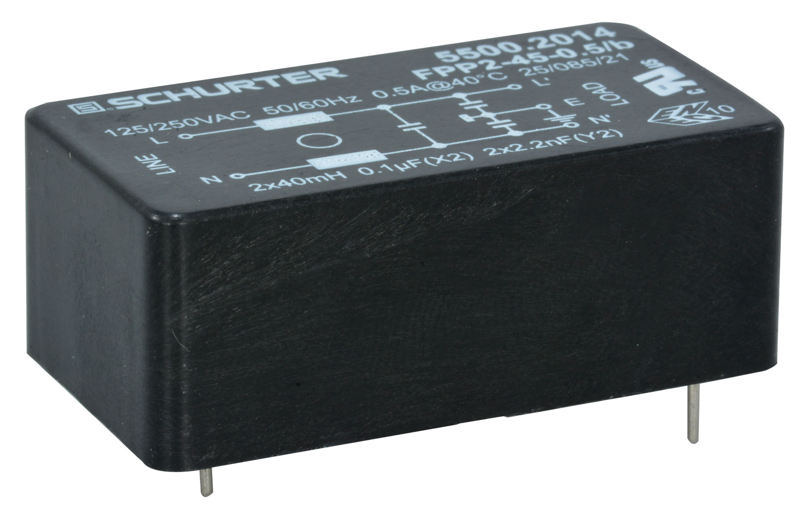 AC Power Line EMI/RFI Filter 125 VAC 0.5 Amp RMS Max. 50/60 Hz PC Mount