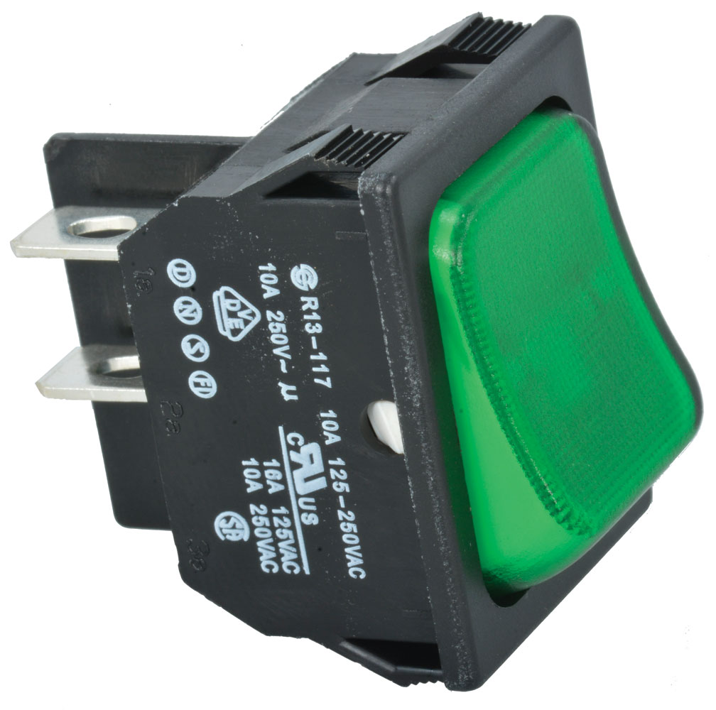 DPST ON-OFF Panel Mount Green Illuminated Rocker Switch