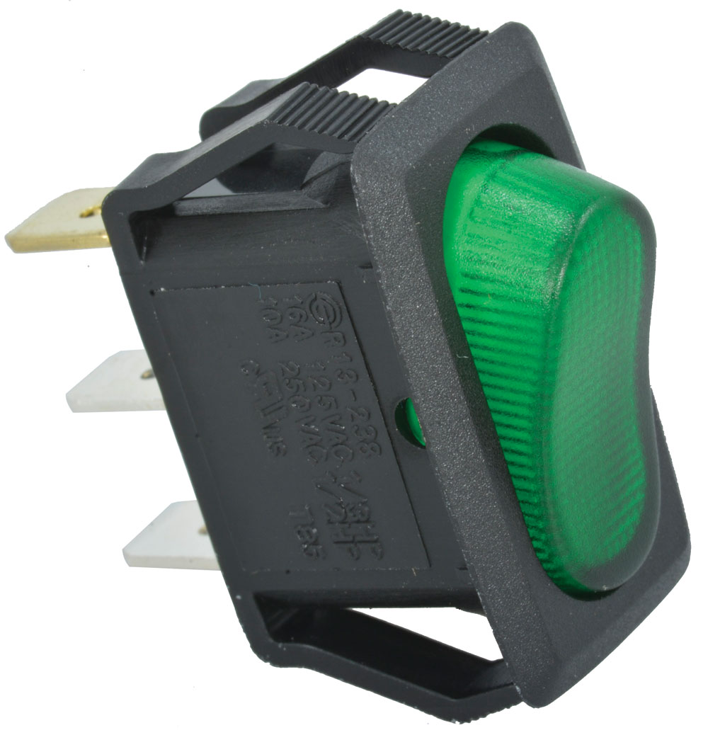 SPST ON-OFF Panel Mount Green Illuminated Rocker Switch