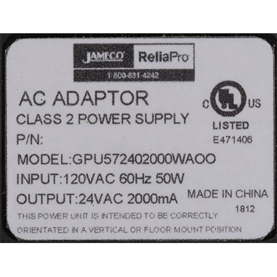 24 Volt AC 2000 mA 48 Watt Linear Wall Adapter 2.5mm Plug