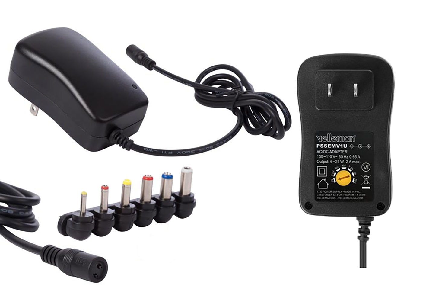 24W Compact Power Supply with Selectable Output and Six DC Plug Tips 3V to 12V 2A