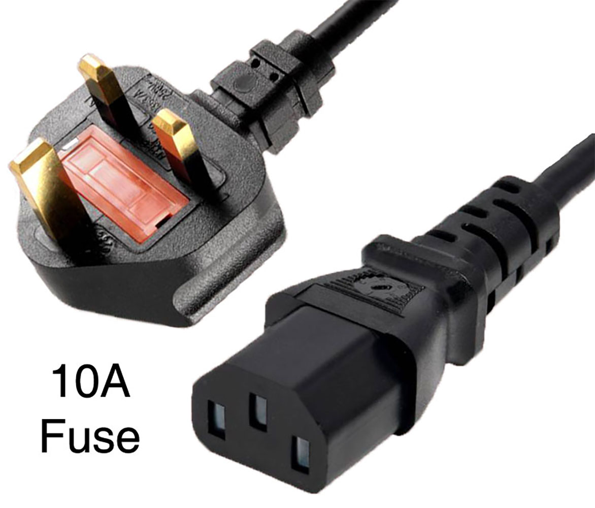 3-Conductor AC Power Cord 1.00 mm2 BS 1363 UK10 (Fused) to C13 H05VV-F Jacket 8.16 Feet Black