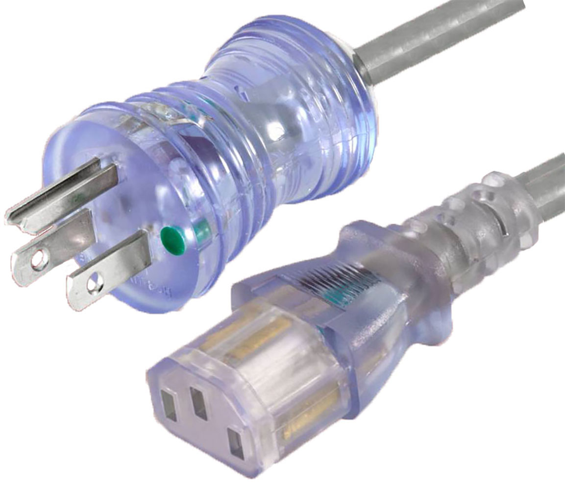 3-Conductor AC Power Cord 18 AWG NEMA 5-15P Green Dot Hospital Clear Plug to C13 Clear Plug SJTW Jacket 10 Feet Gray