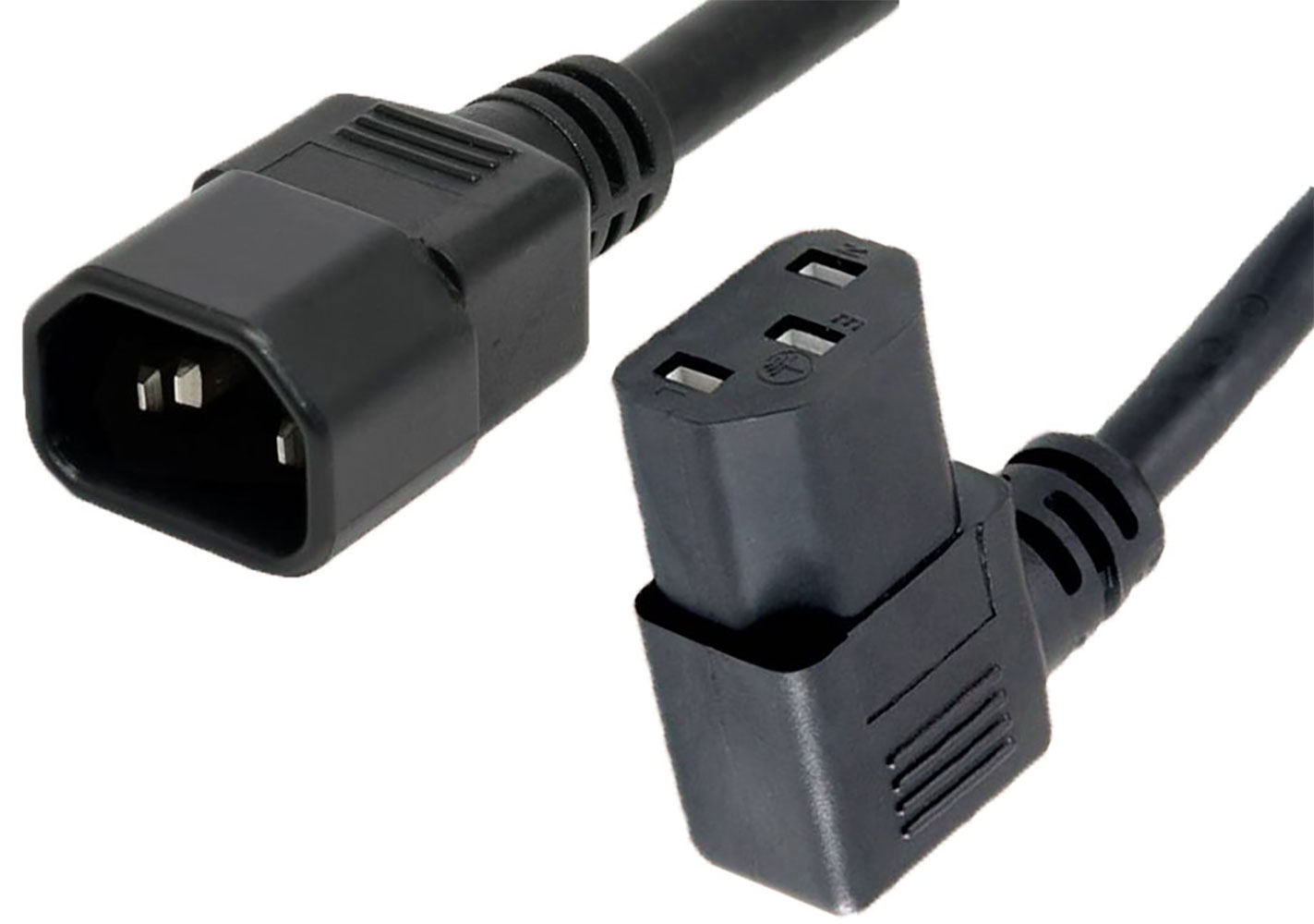 3-Conductor AC Power Cord 17 AWG C14 (Type E) Plug to C13 Plug (Right Angle) SJTW+H05VV-F Jacket 3.25 Feet Black