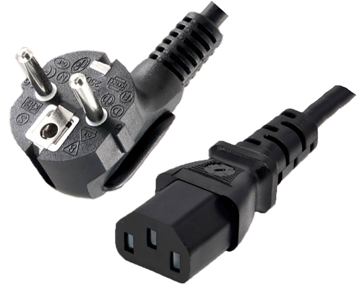 3-Conductor AC Power Cord 1mm2 Gauge CEE 7/7 Euro Schuko Plug (Right Angle) to C13 Plug H05VV-F Jacket 8.16 Feet Black