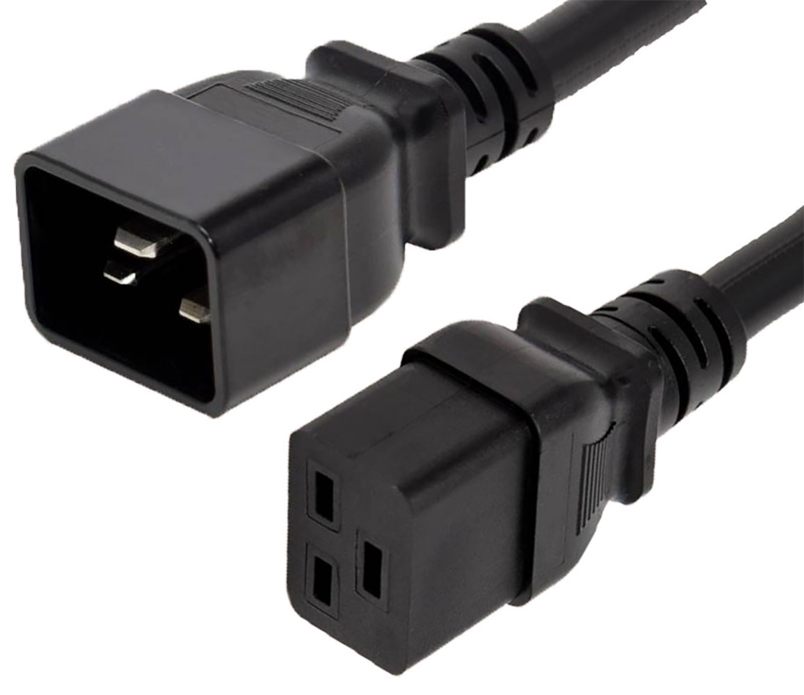 3-Conductor AC Power Cord 12 AWG C20 (Type I) Plug to C19 Plug SJTW Jacket 8.16 Feet Black