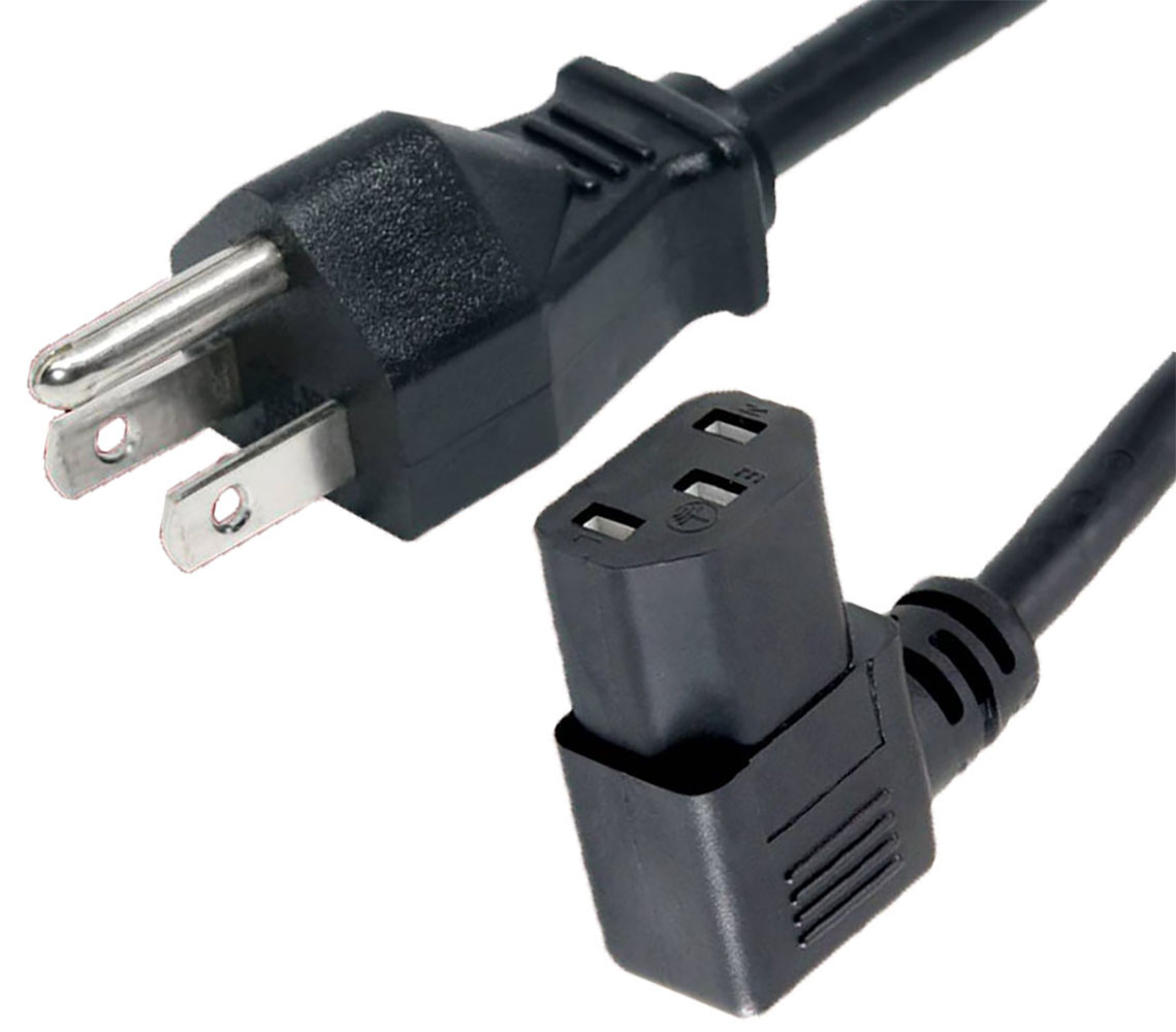 3-Conductor AC Power Cord 18 AWG NEMA 5-15P to C13 Right Angle Plug SJTW Jacket 6.58 Feet Black