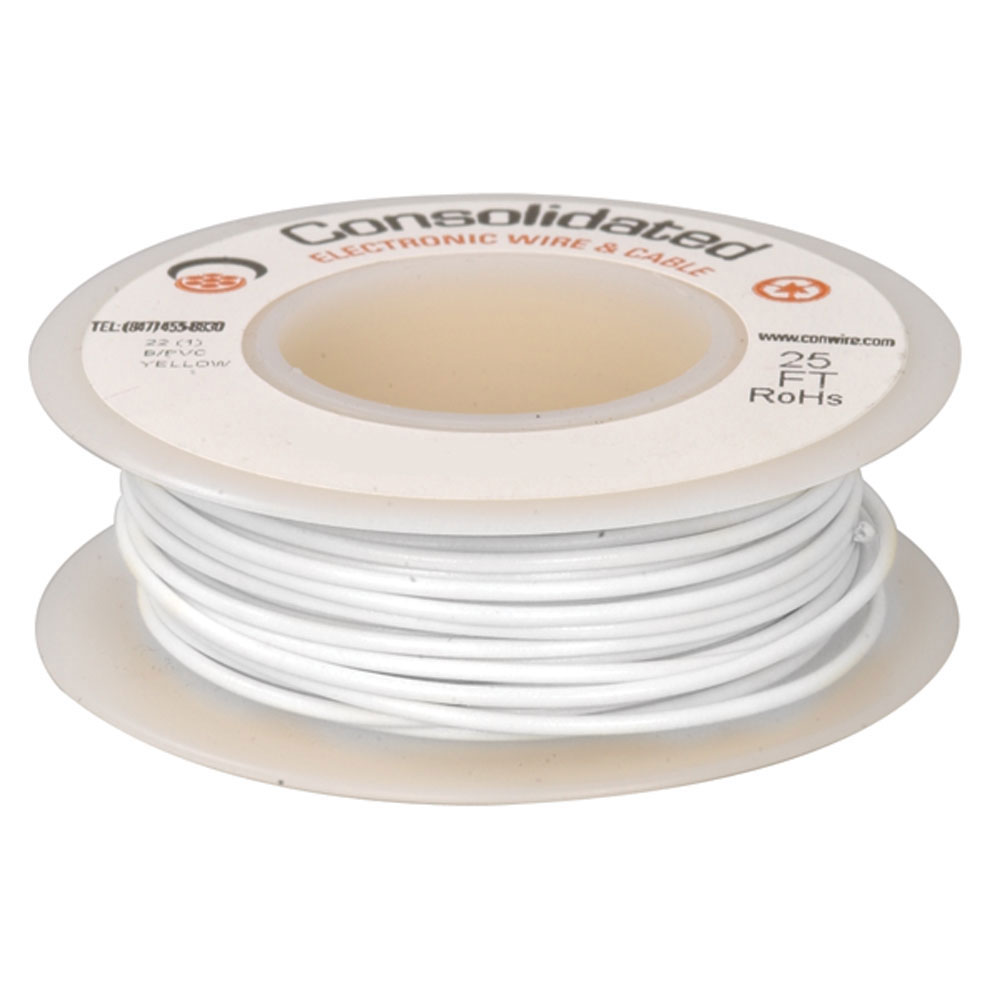 Hookup Wire 18AWG Solid Tinned Copper White 0.072 Inch (OD) PVC 25 Foot