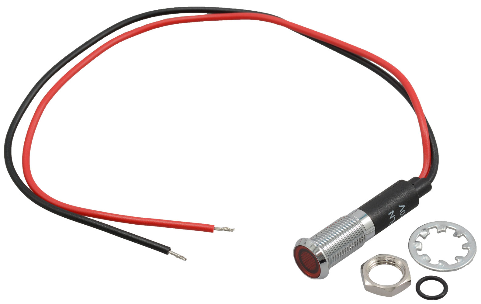 8mm LED Panel Mount Indicator Red 12 VDC Chrome Bezel 20cm Wires