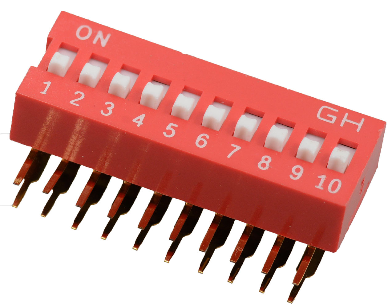 10 Position DIP Switch SPST Slide (Standard) Actuator Right Angle Through Hole 25mA 24VDC