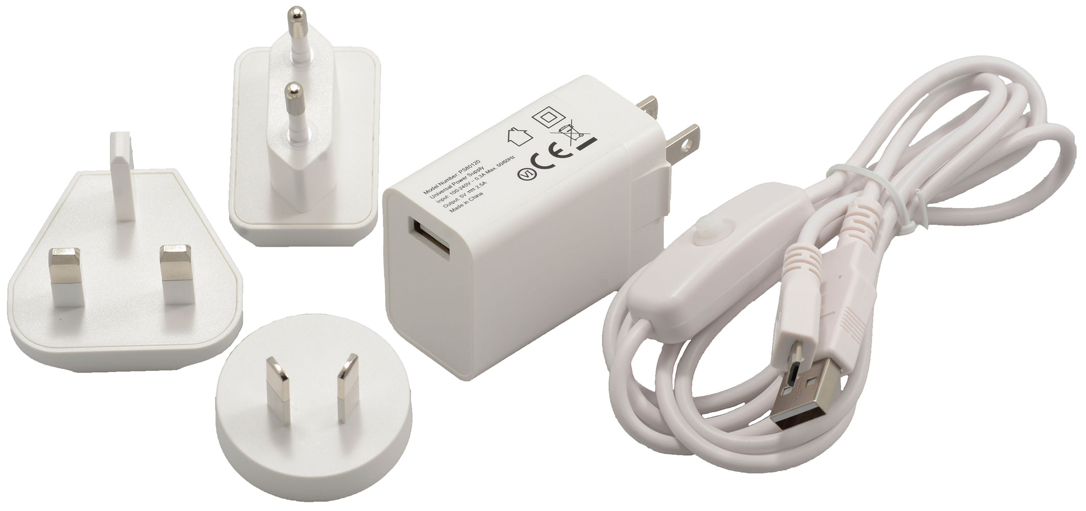 White USB Wall Adapter with Interchangeable AC Clips and microUSB Cable with Switch