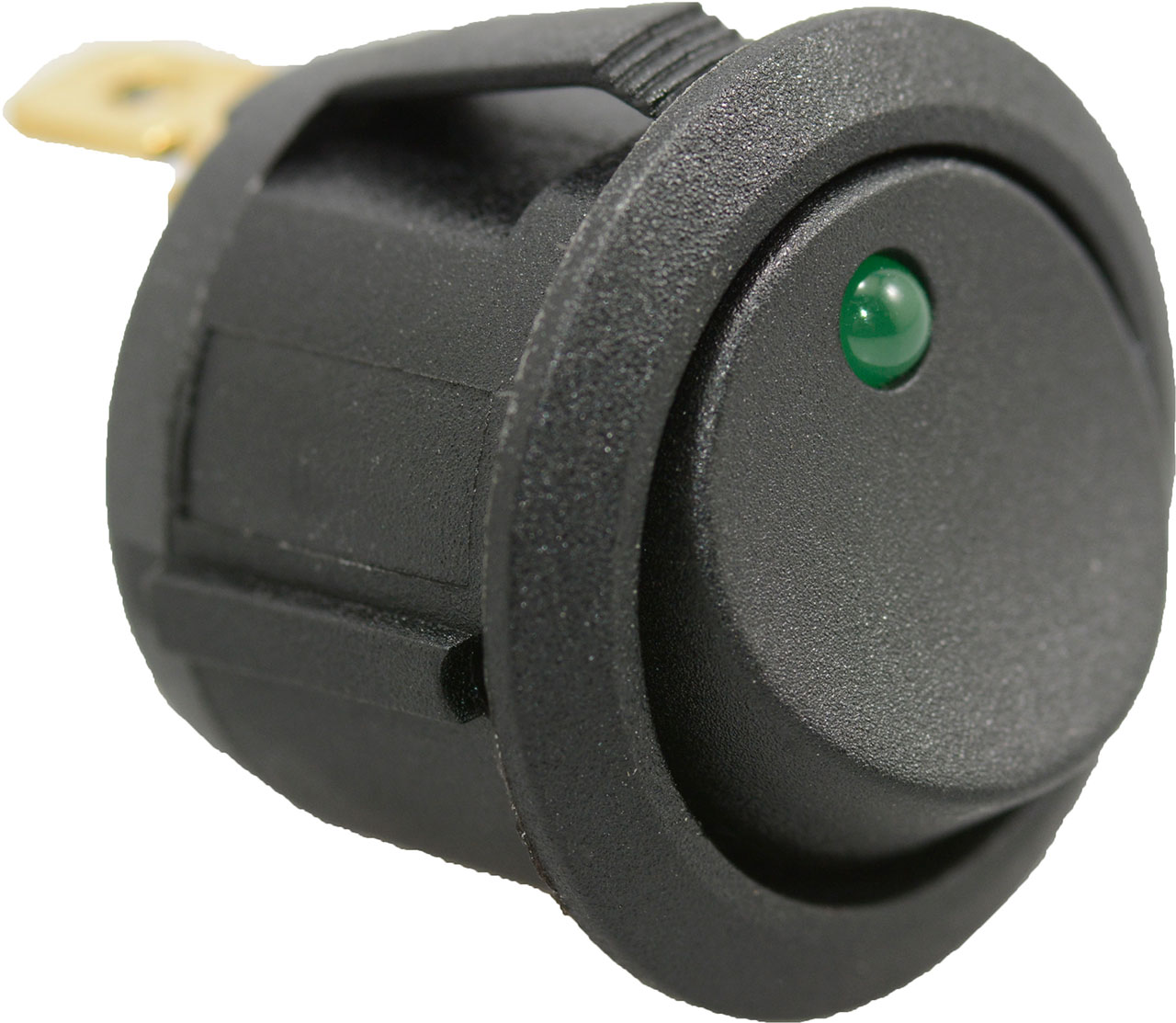 Rocker Switch SPST ON-OFF 20A 14VDC Green LED Dot Snap-In Panel Mount 0.187 Quick Connect