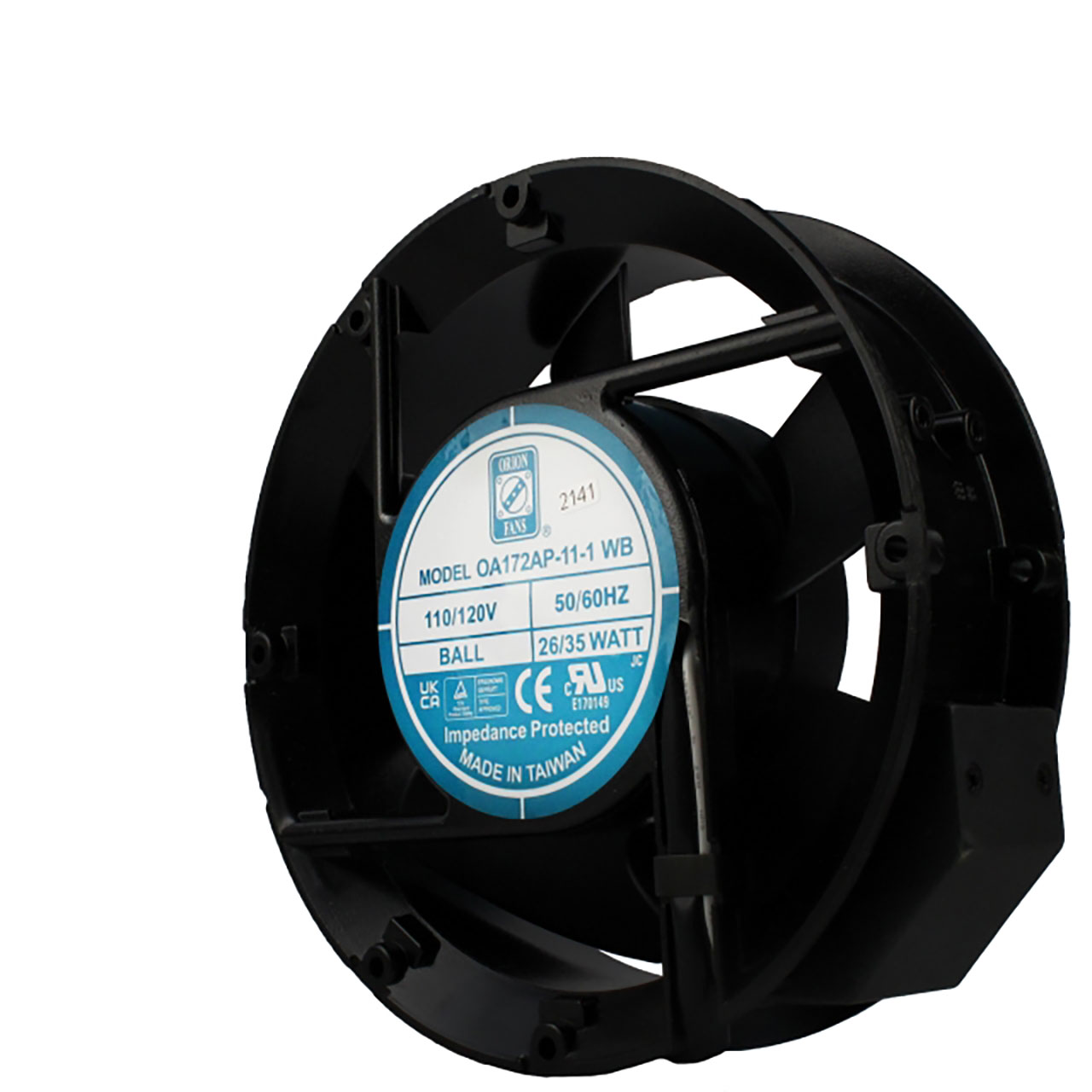 172 mm x 172 mm x 51 mm Tube Axial Fan 115 VAC Ball Bearing 235CFM 52dBA 12" Wires Black Aluminum