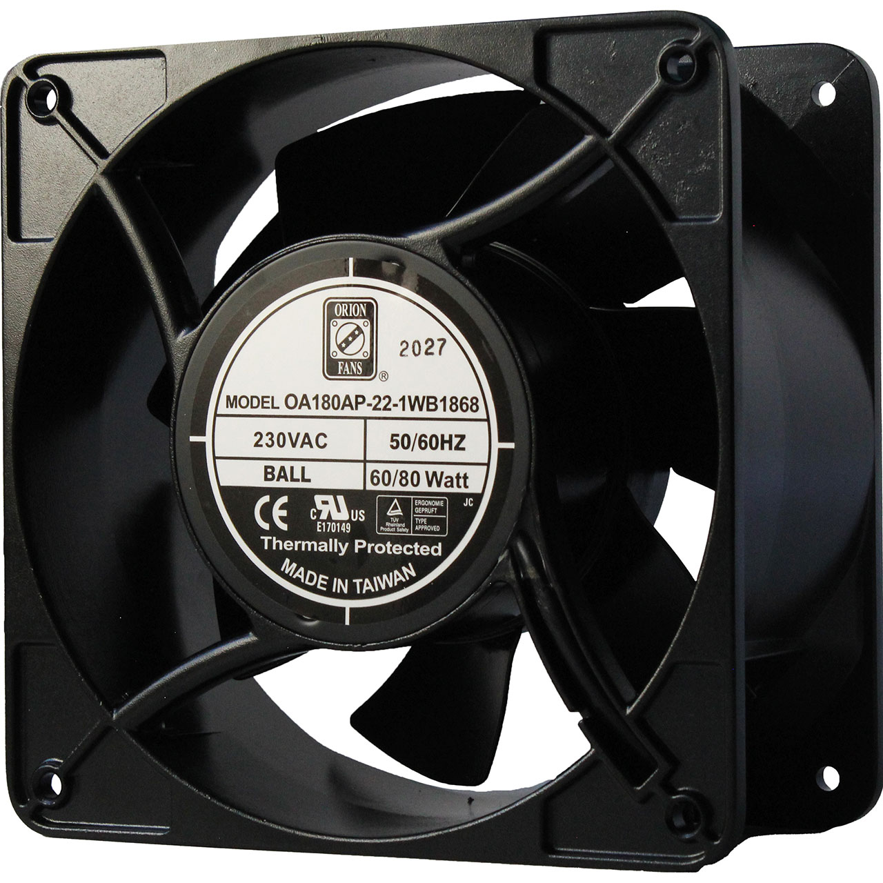 176 mm x 176 mm x 89 mm Tube Axial Fan 230 VAC Ball Bearing 380CFM 63dBA 12" Wires IP68