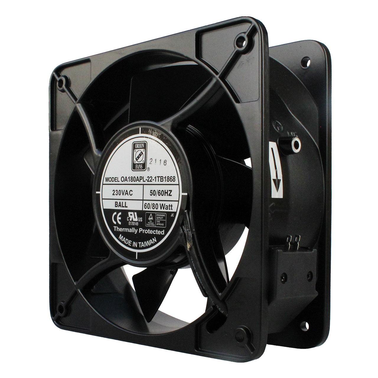 180 mm x 180 mm x 65 mm Tube Axial Fan 230 VAC Ball Bearing 210CFM 40dBA Terminals