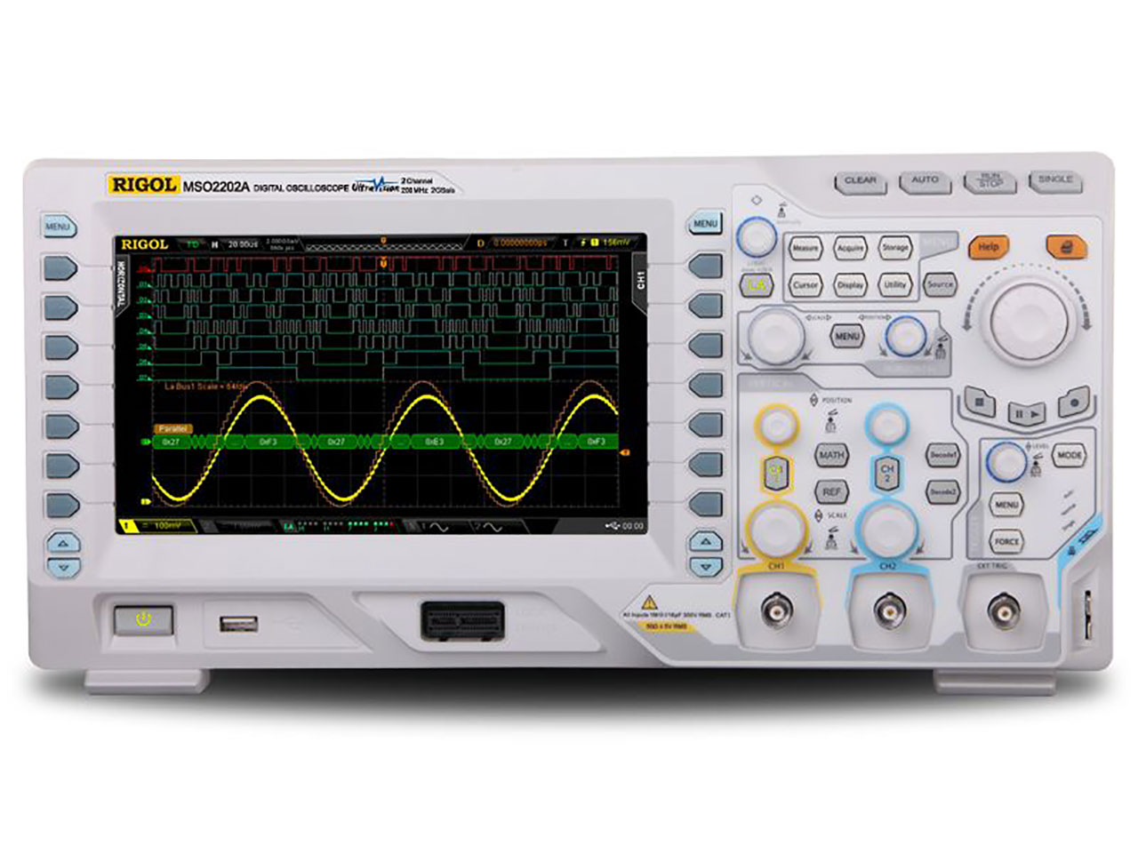 2 Channel Mixed Signal Oscilloscope 200 MHz 2 GSa/sec 14 Mpts Memory Standard Low Noise Front End 50 Ohm Input Included and 2 Channel Source Embedded