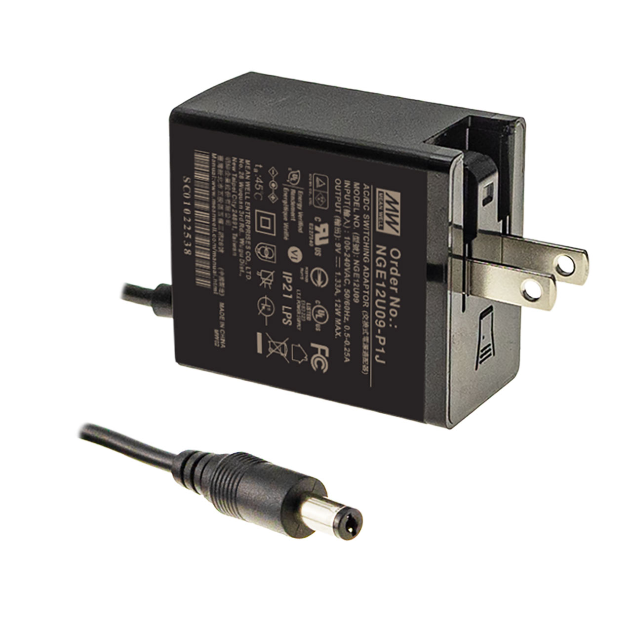 Wall-Mount Green Adapter 12VDC 1A 12W 2.1mm Plug with Foldable NEMA 1-15P