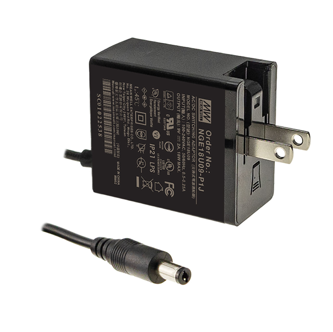 Wall-Mount Green Adapter 15VDC 1200mA 18W 2.1mm Plug with Foldable NEMA 1-15P