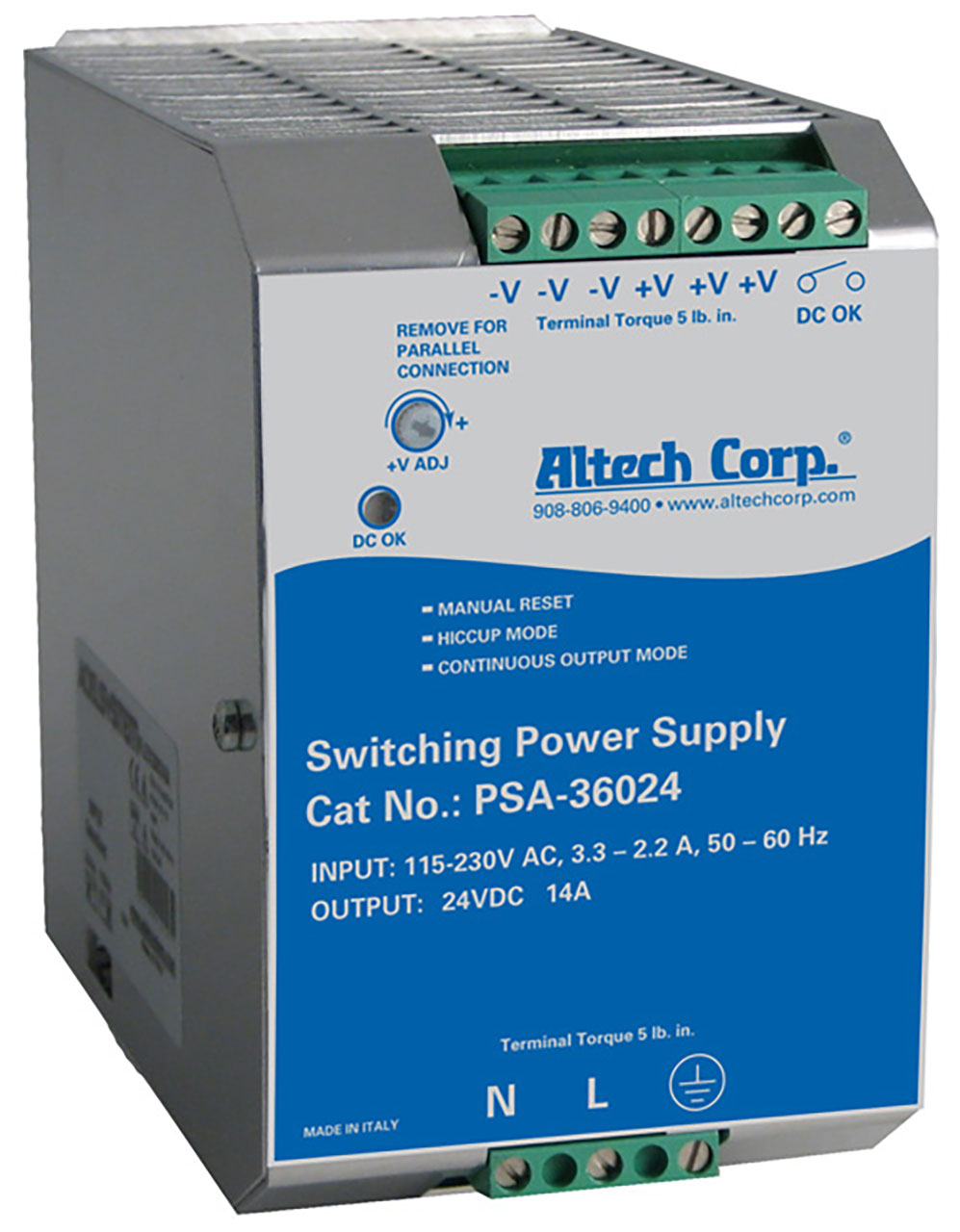 Power Supply DIN Rail 230-400-500VAC Input 24VDC Output 360W 14A Single/Two Phase