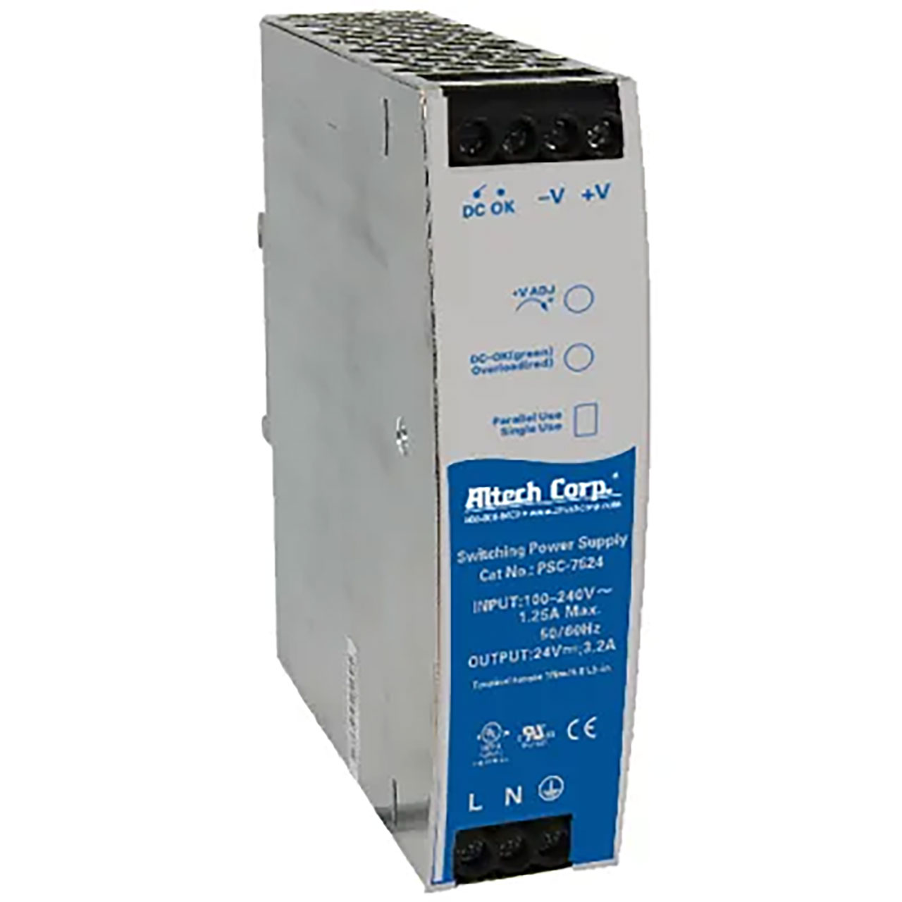 Power Supply DIN Rail 85-264VAC Input 24VDC Output 75W 3.2A Compact PFC