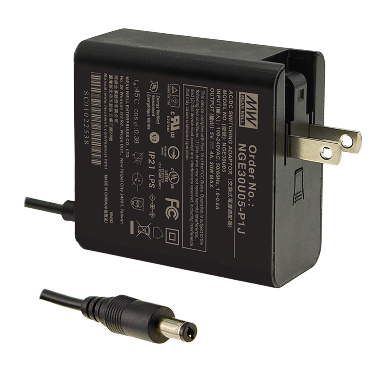 Wall-Mount Green Adapter 12VDC 2.50A 30W 2.1mm Plug with Foldable NEMA 1-15P