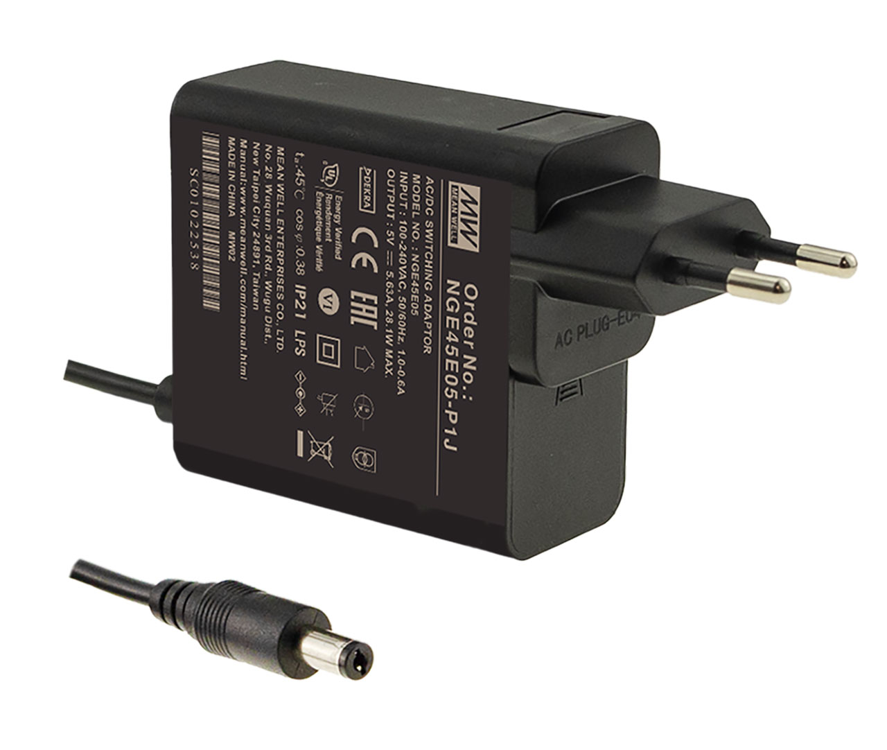 Wall-Mount Green Adapter 12VDC 3.75A 45W 2.1mm Plug with Fixed Euro CEE 7/16 Plug