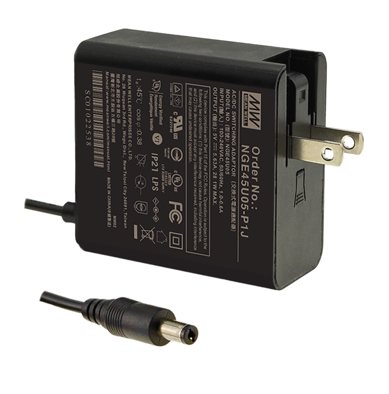 Wall-Mount Green Adapter 12VDC 3.75A 45W 2.1mm Plug with Foldable NEMA 1-15P