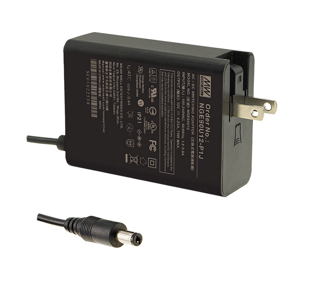 Wall-Mount Type Green Adapter 48VDC 1.875A 90W 2.1mm Plug with Foldable NEMA 1-15P