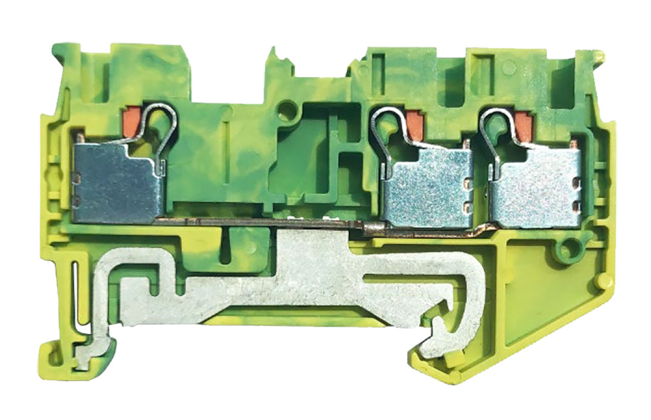 Single Layer DIN Rail Terminal Block 2C/Ground 2.5mm&sup2; Max Wire Push-In Green and Yellow