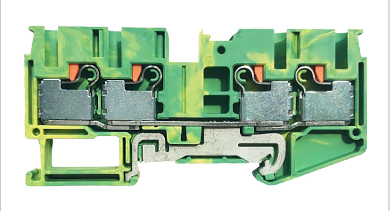 Single Layer DIN Rail Terminal Block 4C/Ground 6mm&sup2; Max Wire Push-In Green and Yellow