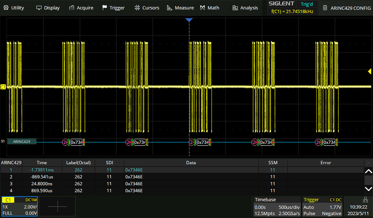 ARINC429 trigger and Decode (SDS3000HD Series)