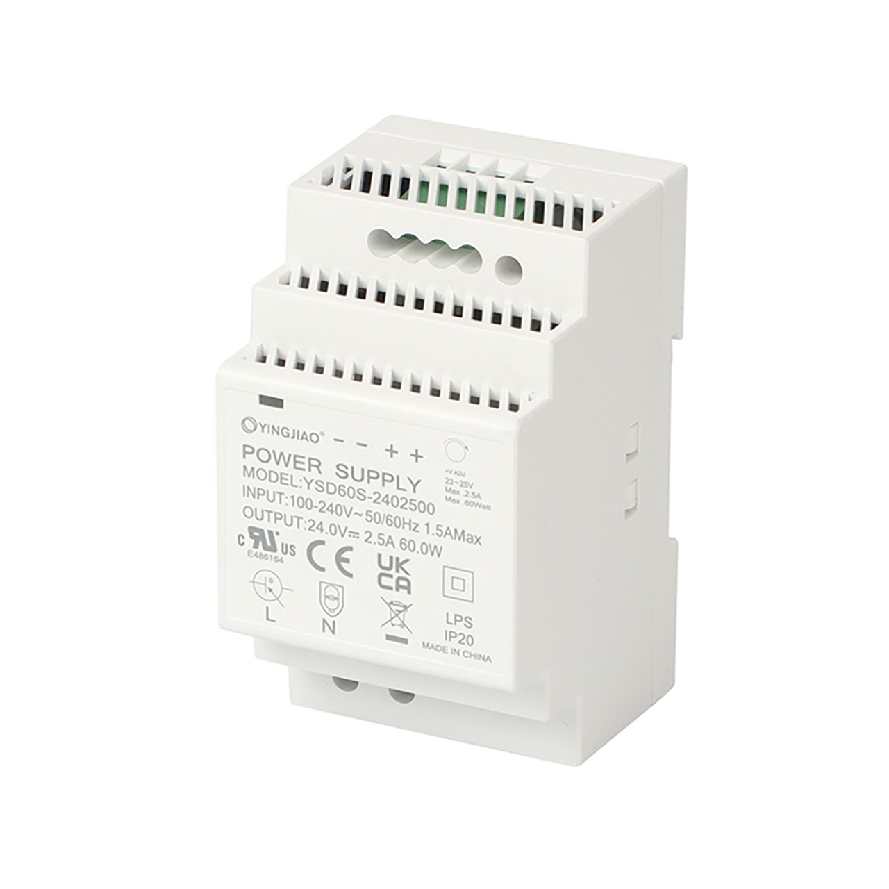 DIN Rail Power Supply 15 VDC 4A 60W 90VAC to 264VAC Input