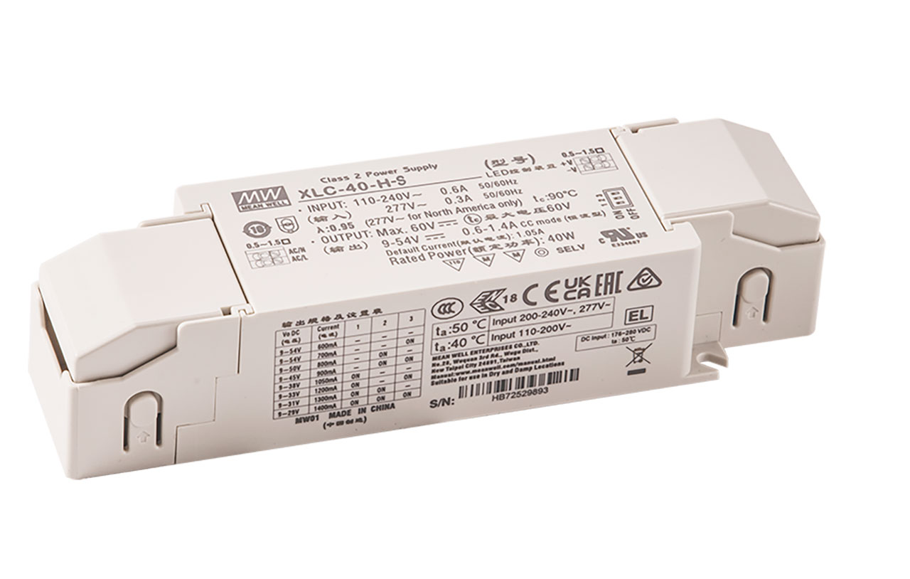 40W Multiple-Stage Constant Power LED Driver 600mA to 1400mA Select by NFC UL8750 DALI-2 Dimming with Strain Relief