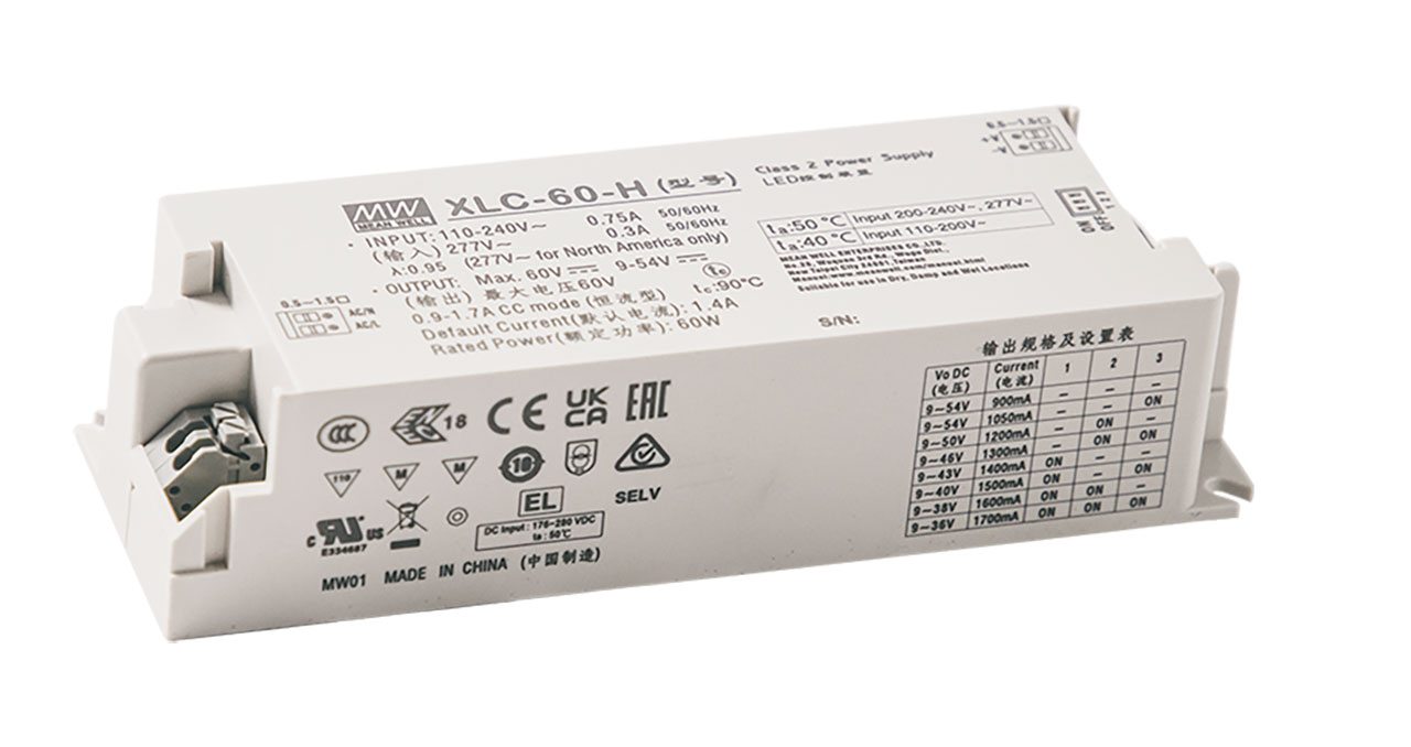 60W Multiple-Stage Constant Power LED Driver 900mA to 1700mA Select by DIP Switch UL8750 3-in-1 Dimming without Strain Relief