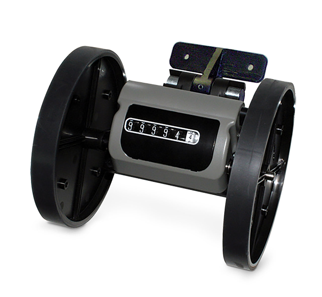 Dual Wheel (18" Rubber Covered Plastic) Length Measuring Counter Self Mounting Bracket Reset Lever Measures In Yards and 1/8ths Top Coming Count Direction