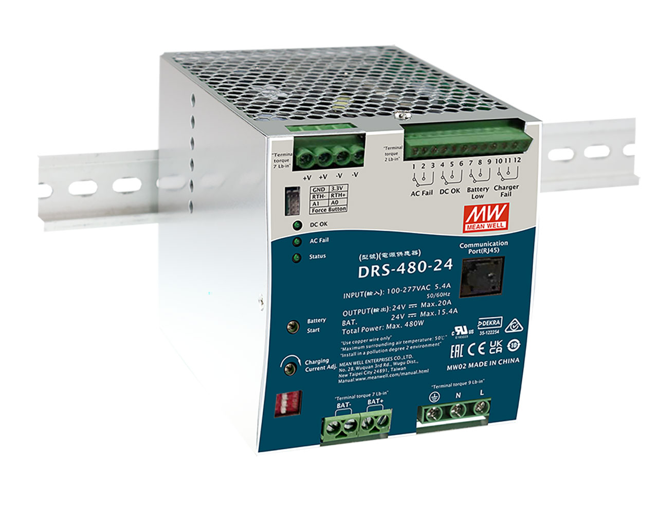 48V 10A 480W All-in-One Intelligent DIN-Rail Power Supply with Battery Charge Circuit CANBus