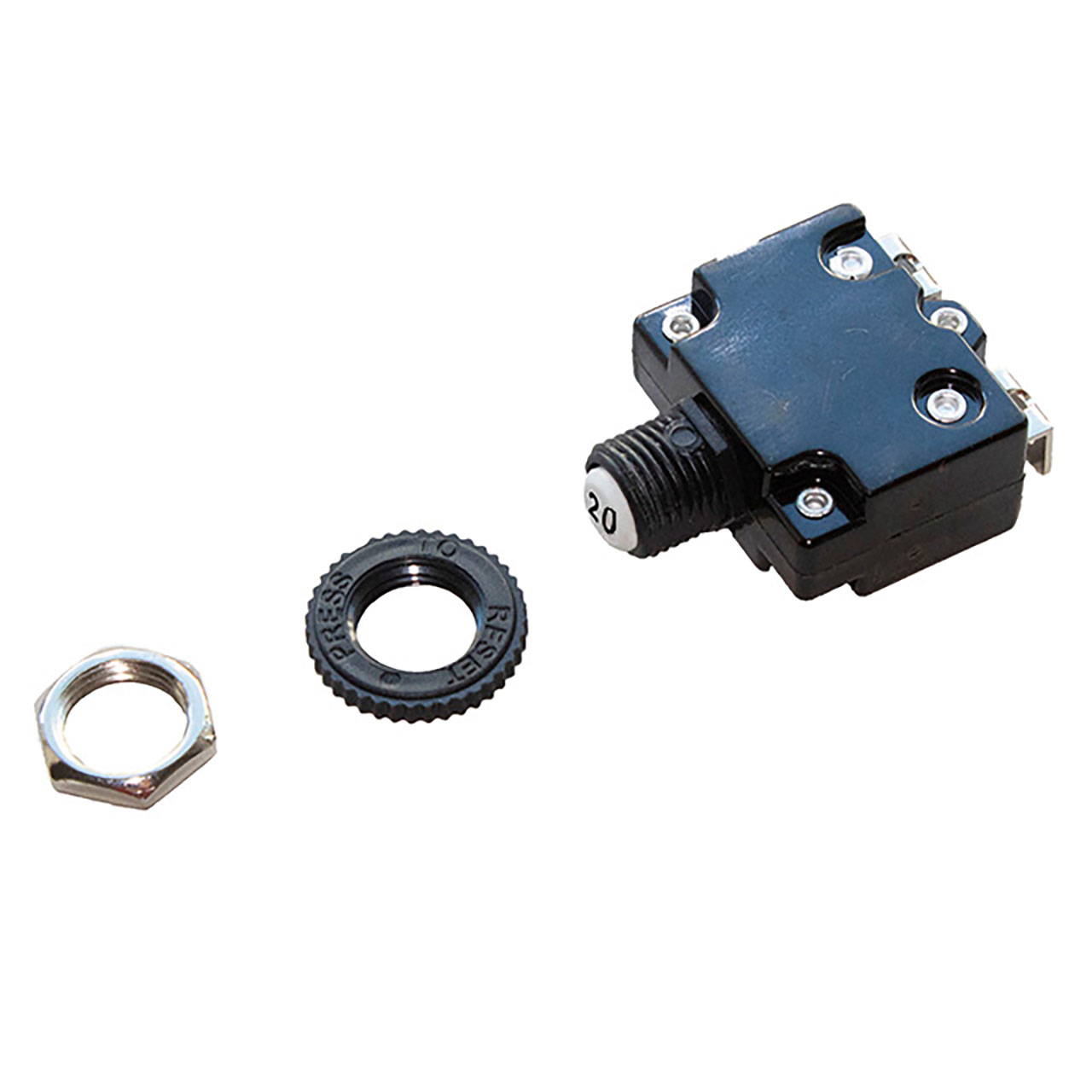 Circuit Protection Circuit Breaker Thermal Push to Reset 50VDC 250VAC 20A Plastic M11 Bushing 90° Pin White Button Black Text Plastic Nuts