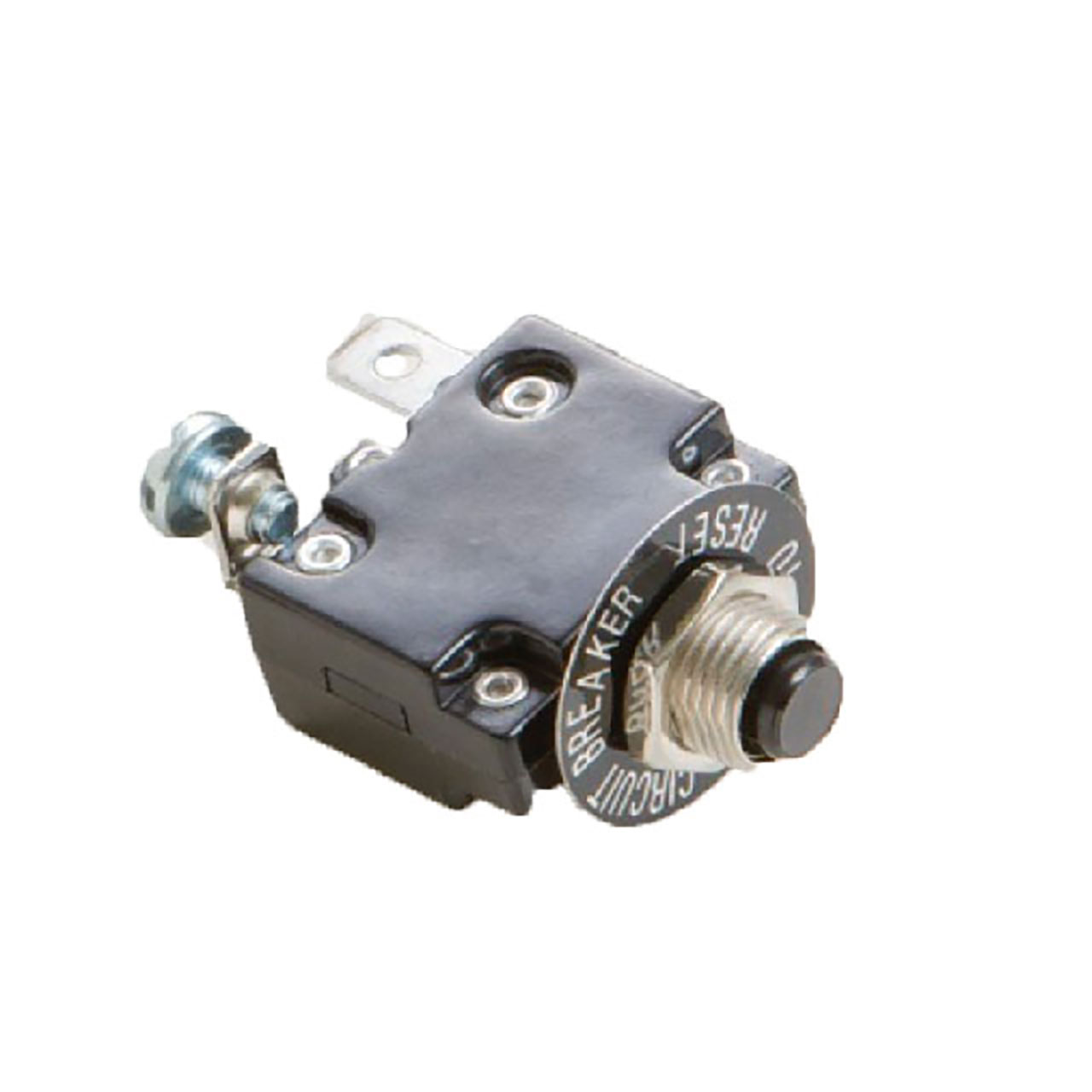 Circuit Protection Circuit Breaker Thermal Push to Reset 50VDC 250VAC 3A Plastic M11 Bushing 8-32 Screw 90° Bend Term White Button Black Text Plastic Nuts