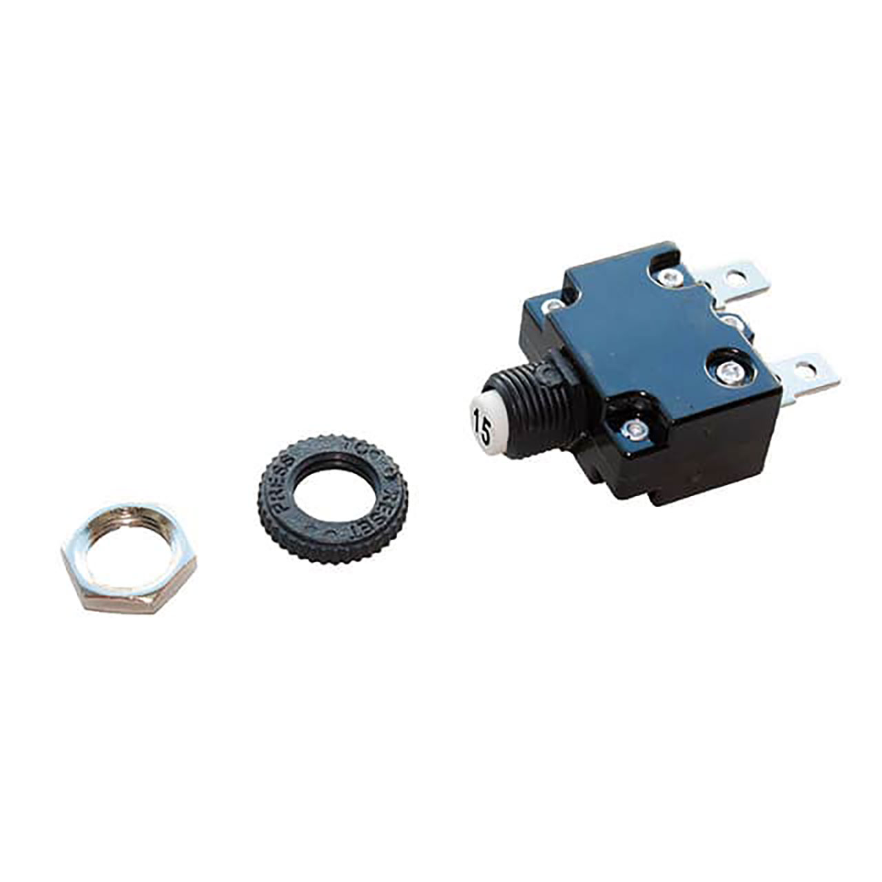 Circuit Protection Circuit Breaker Thermal Push to Reset 50VDC 250VAC 15A Plastic M11 Bushing Straight Terminal White Button Black Text Plastic Nuts