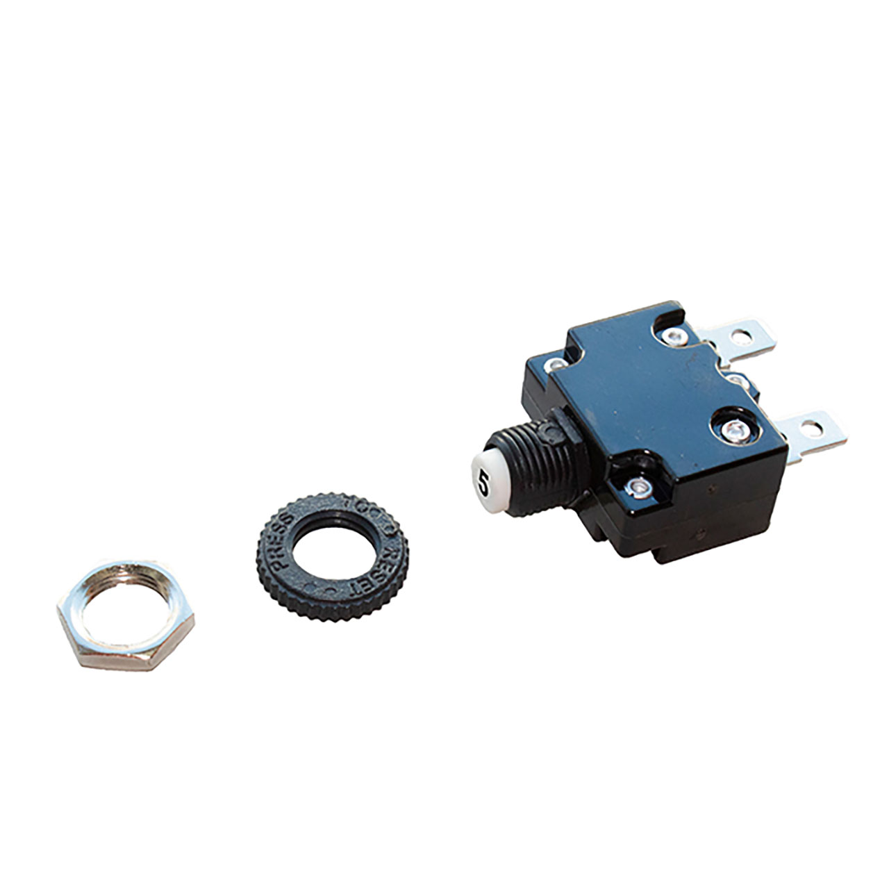 Circuit Protection Circuit Breaker Thermal Push to Reset 50VDC 250VAC 5A Plastic M11 Bushing Straight Terminal White Button Black Text Plastic Nuts