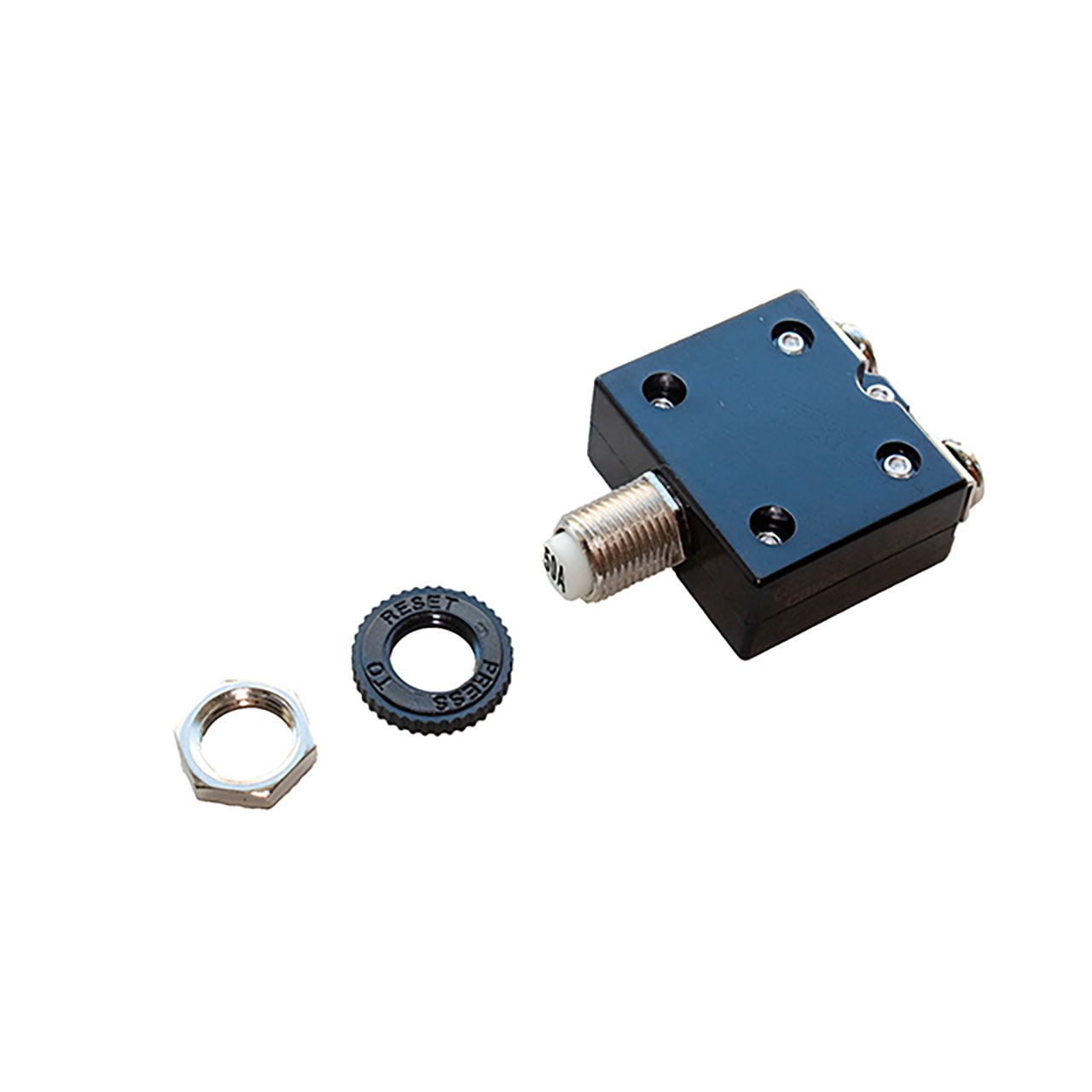 Circuit Protection Circuit Breaker Thermal Push to Reset 50VDC 250VAC 50A Metal M11 Bushing 8-32 Screw 90° Bend Term White Button Black Text Plastic Nuts