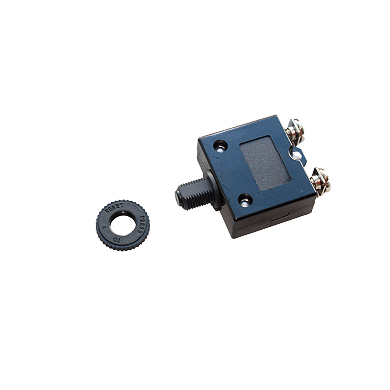 Circuit Protection Circuit Breaker Thermal Push to Reset 50VDC 250VAC 40A Plastic 3/8" Bushing 8-32 Screw 90° Bend Term