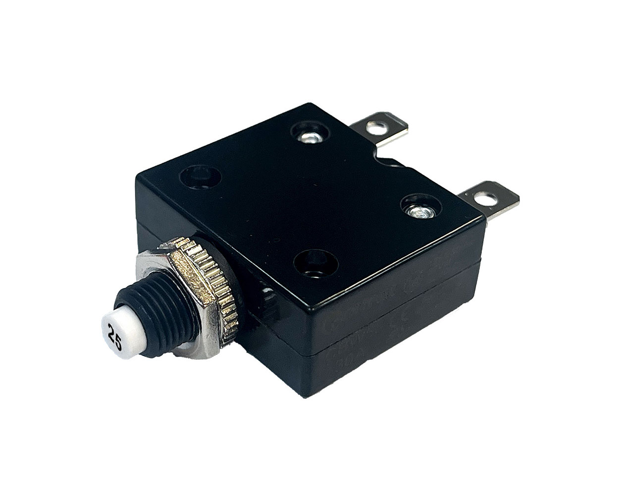 Circuit Protection Circuit Breaker Thermal Push to Reset 50VDC 250VAC 25A Plastic 3/8" Bushing Straight Terminal White Button Black Text Metal Nuts