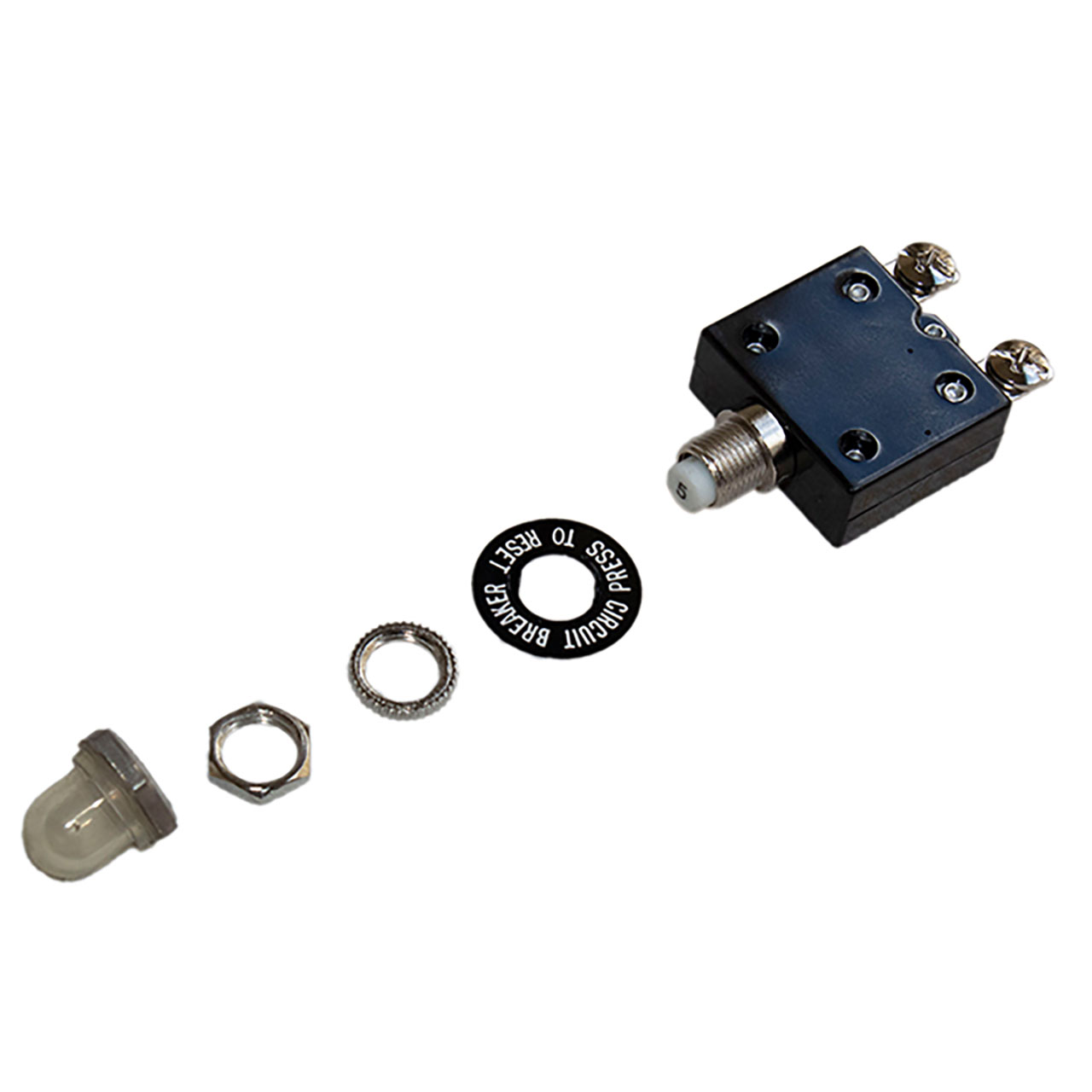 Circuit Protection Circuit Breaker Thermal Black Nameplate Push to Reset 50VDC 250VAC 5A Metal M11 Bushing 8-32 Screw White Button Black Text Metal Nuts V-Spashproof Boot