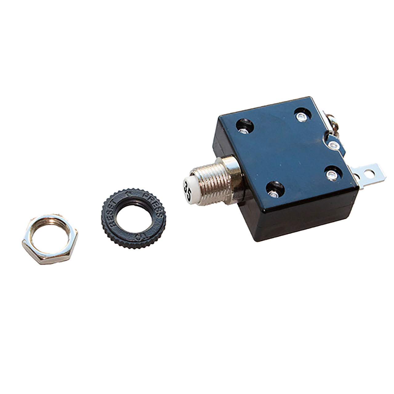 Circuit Protection Circuit Breaker Thermal Push to Reset 50VDC 250VAC 35A Metal M11 Bushing 90° Screw Line Pin White Button Black Text Plastic Nuts