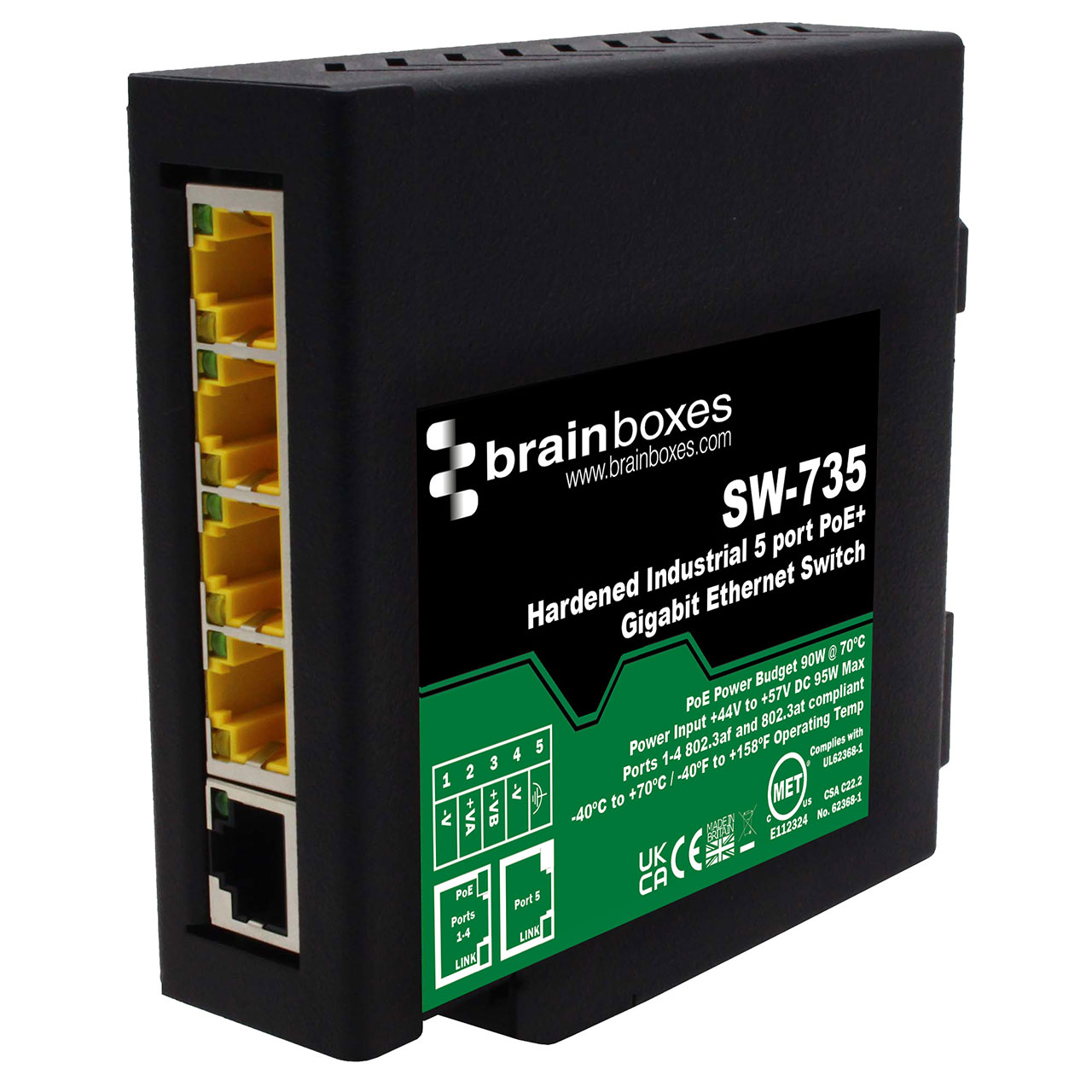 Hardened Industrial 5 Port PoE+ Gigabit Ethernet Switch DIN Rail Mountable