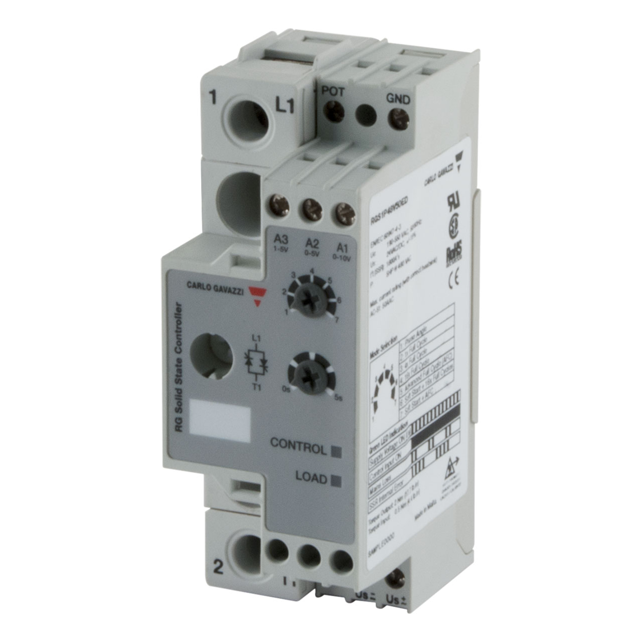 1-Pole Panel Mount SCR Proportional Control 190-550 VAC (1200 Vp) 50 Aac 0-5/1-5/0-10 VDC 24 VDC/VAC Built-In OV Protection