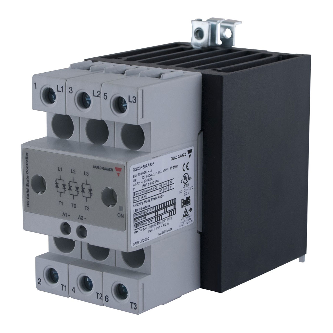 3-Pole DIN-Rail Mount SCR Proportional Control (Phase Angle) 180-660 VAC (1200 Vp) 30 Aac 4-20 mADC Built-In OV Protection