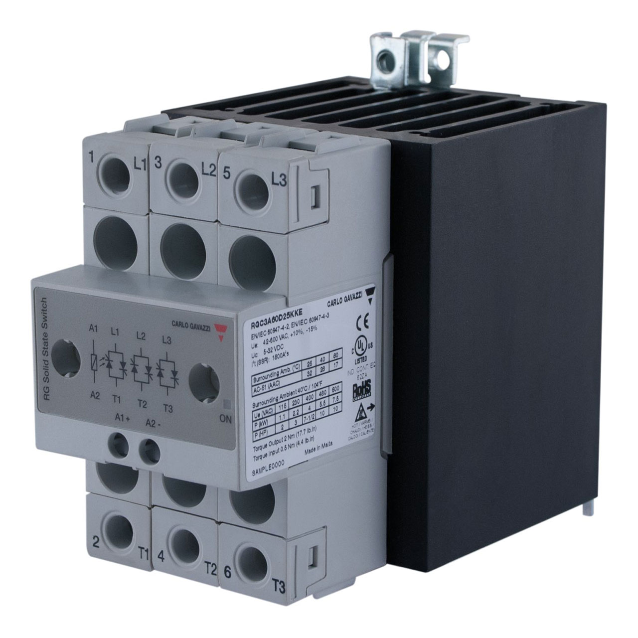 3-Pole DIN-Rail Mount SSR Zero-Cross Switching 42-660 VAC (1200 Vp) 25 Aac 20-275 VAC/24-190 VDC Built-In OV Protection